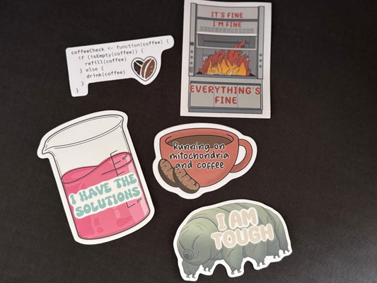 Science Humor Sticker Collection (5-Pack Gift Set) | Funny STEM Stickers for Scientists & Grad Students | Laptop & Water Bottle Stickers