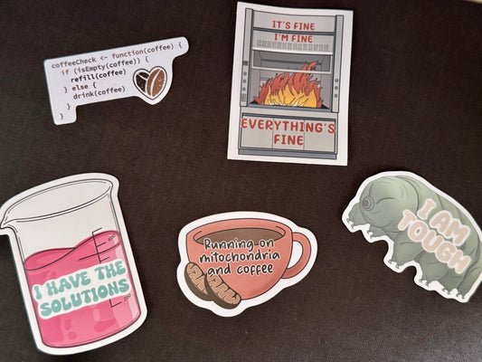 Science Humor Sticker Collection (5-Pack Gift Set) | Funny STEM Stickers for Scientists & Grad Students | Laptop & Water Bottle Stickers